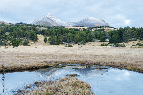 Cold morning reflections of the snow mountains (France Pyrenees, Peaks of Peric) photo