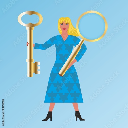 Woman with golden key and magnifying glass. Vector illustration. EPS10.