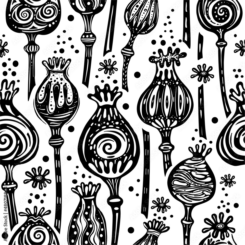 Seamless Patterns with Poppy Heads Seamless Patterns with Poppy Heads