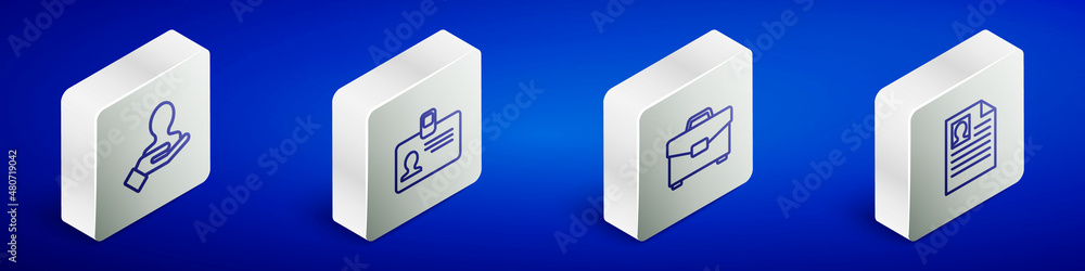 Set Isometric line Hand for search a people, Identification badge, Briefcase and Resume icon. Vector Set Isometric line Hand for search a people, Identification badge, Briefcase and Resume icon. Vector