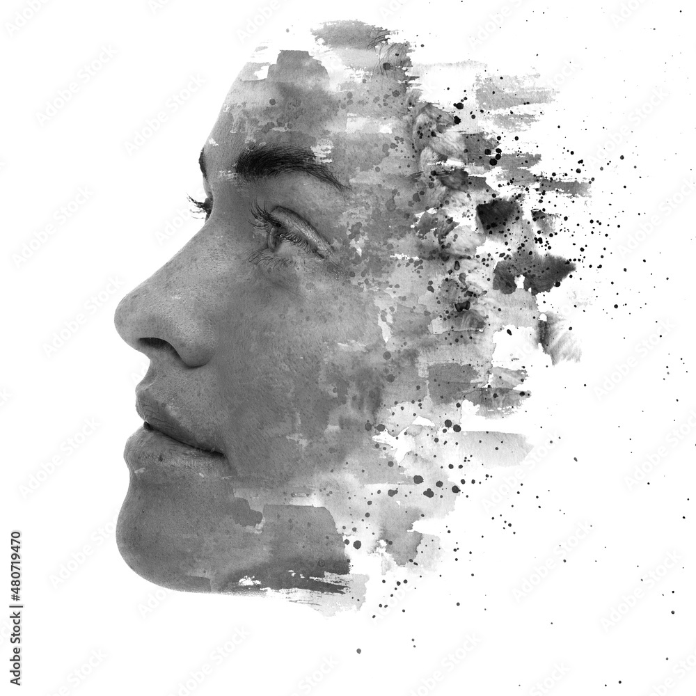 Paintography. A portrait of a young woman combined with black ink splashes. Paintography. A portrait of a young woman combined with black ink splashes.