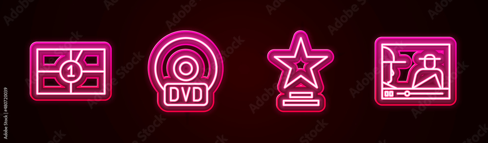 Set line Old film movie countdown frame, CD or DVD disk, Movie trophy and Online play video. Glowing neon icon. Vector Set line Old film movie countdown frame, CD or DVD disk, Movie trophy and Online play video. Glowing neon icon. Vector