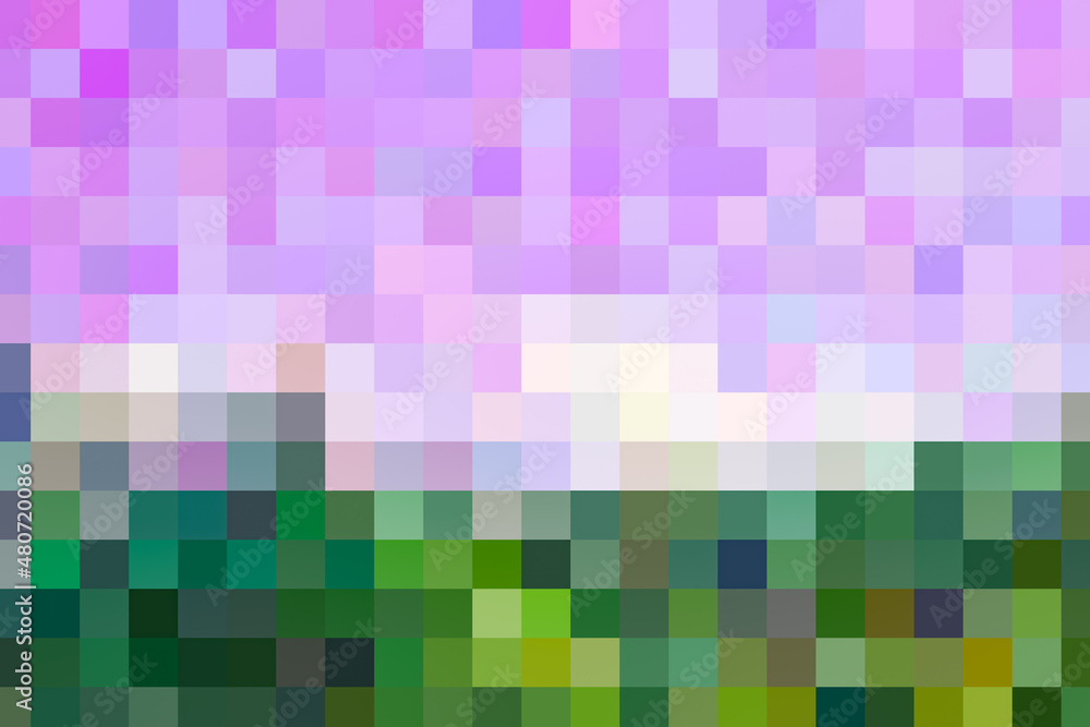 Saturated pixel mosaic, mixed into violet top and dark green bottom