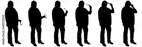 The woman is holding her glasses in her hands. Business lady in a business suit. The woman slowly raises her glasses with her hand, brings it to her face. Staged poses for animation. Isolated on white