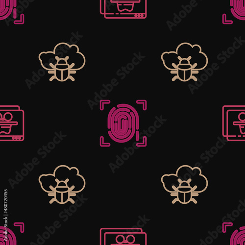 Set line Browser incognito window, System bug on a cloud and Fingerprint on seamless pattern. Vector