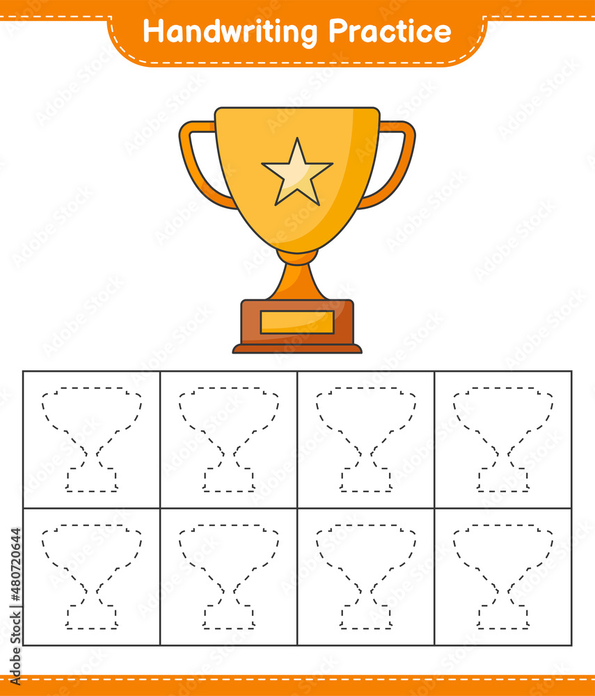 Handwriting practice. Tracing lines of Trophy. Educational children game, printable worksheet, vector illustration Handwriting practice. Tracing lines of Trophy. Educational children game, printable worksheet, vector illustration