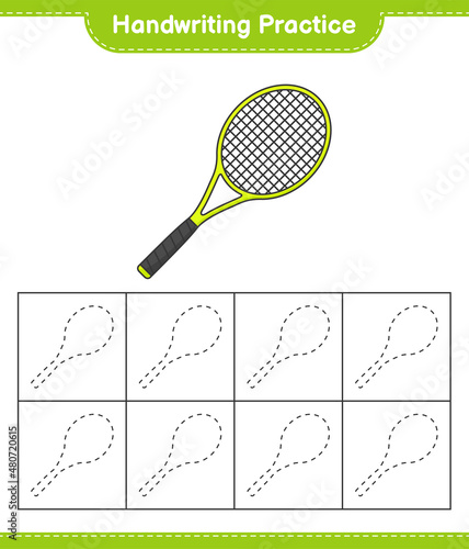 Handwriting practice. Tracing lines of Tennis Racket. Educational children game, printable worksheet, vector illustration