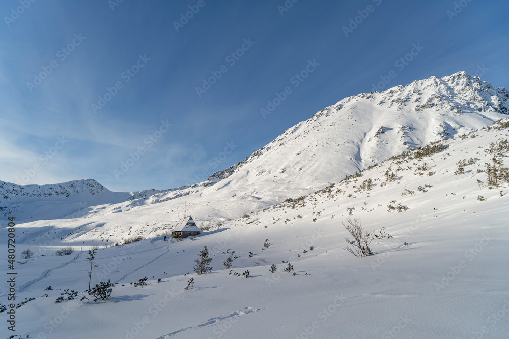 Mountain winter landscape in the Tatras, mountain view covered with snow in frosty sunny weather