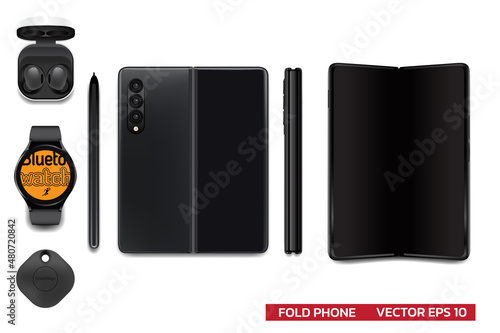 New device folded phone,fliped phone, smart phone flagship new design in different view and accessories, smart watch tag bluetooth earphone realistic vector