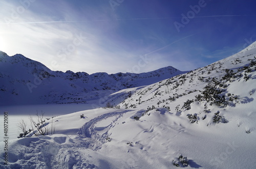 Mountain winter landscape in the Tatras, mountain view covered with snow in frosty sunny weather © Tania