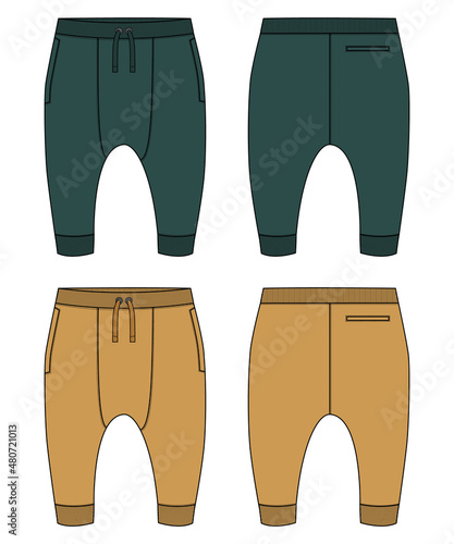 Sweatpants Fashion flat sketch vector illustration template For Kids. Apparel Clothing Design Green, Yellow color Mock up Cad.