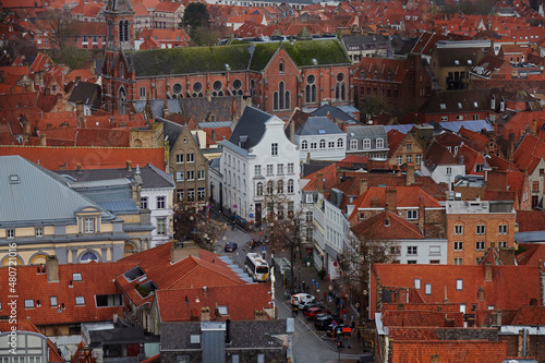High angle landscape in the historic city centre of Bruges in Belgium