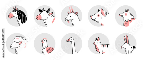 A set of round icons with farm animals in doodle style. Vector isolated illustration. Insta story highlights with animals.