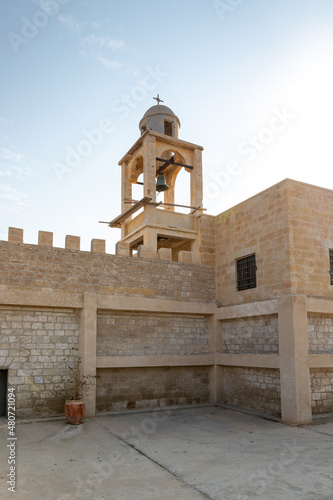 The tower bell of the St. John the Baptist Monastery of the Franciscan Order near Israeli side of of Qasr El Yahud, in the Palestinian Authority, in Israel