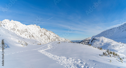 Mountain winter landscape in the Tatras, trail trampled in the snow overlooking the snow-capped mountains in frosty sunny weather Tatras Poland © Tania