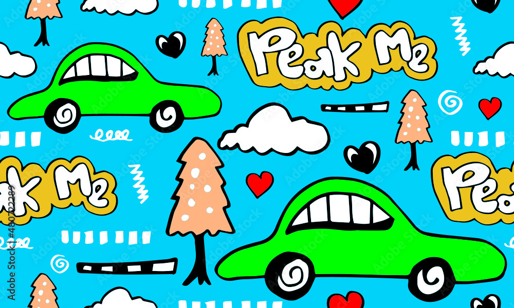 Naklejka premium Seamless pattern with hand drawn cars, cloud,heart and tree.for kids fabric,wrapping, textile, nursery wallpaper.Scandinavian style.wallpaper.Scandinavian style.