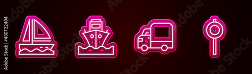 Set line Yacht sailboat, Cargo ship, Delivery cargo truck and Road traffic signpost. Glowing neon icon. Vector