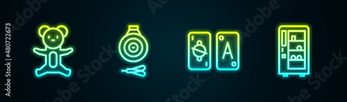 Set line Teddy bear plush toy, Classic dart board and arrow, Tarot cards and Vending machine. Glowing neon icon. Vector