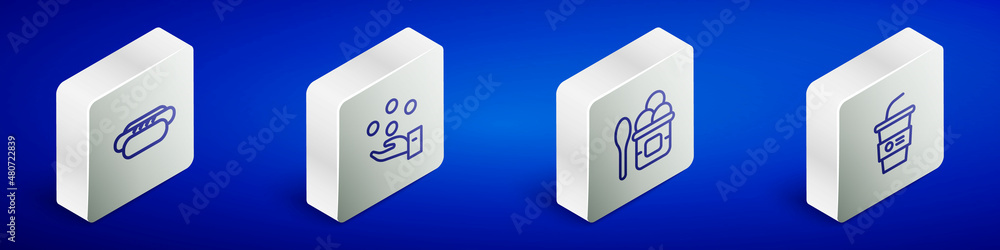 Set Isometric line Hotdog, Juggling ball, Ice cream bowl and Paper glass with water icon. Vector Set Isometric line Hotdog, Juggling ball, Ice cream bowl and Paper glass with water icon. Vector