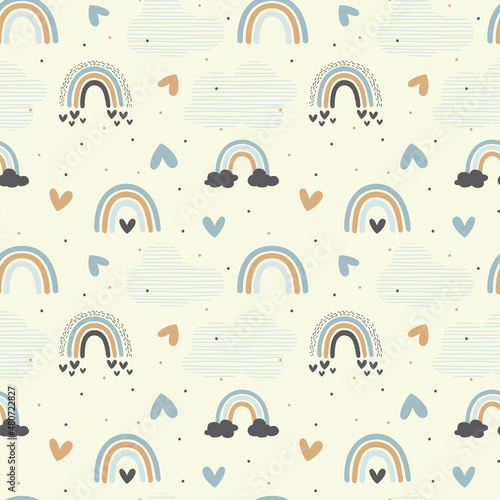 Rainbows and hearts pastel seamless pattern. Rainbow with clouds hand drawn doodle cute baby or kids print.