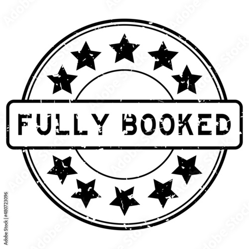 Grunge black fully booked word with star icon round rubber seal stamp on white background