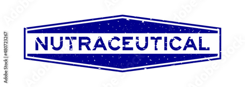 Grunge blue nutraceutical word hexagon rubber seal stamp on white background