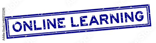 Grunge blue online learning word sqaure rubber seal stamp on white background
