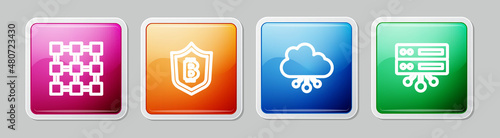 Set line Blockchain technology, Shield with bitcoin, Cryptocurrency cloud mining and Server. Colorful square button. Vector