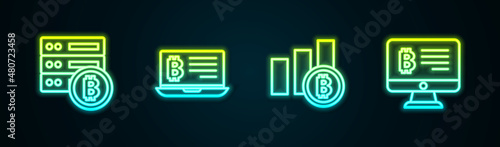 Set line Server bitcoin, Mining from laptop, Pie chart infographic and monitor. Glowing neon icon. Vector