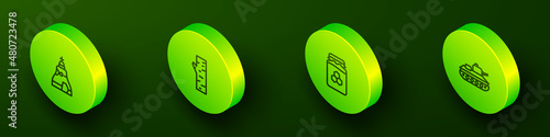Set Isometric line The Tsar bell, Birch tree, Jar of honey and Military tank icon. Vector