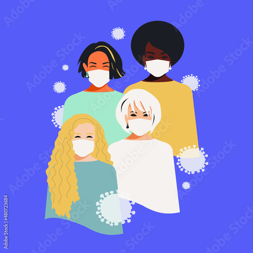 Women in medical masks of different nationalities and religions. Female solidarity. People smile because they are alive, healthy and not infected. Vector.