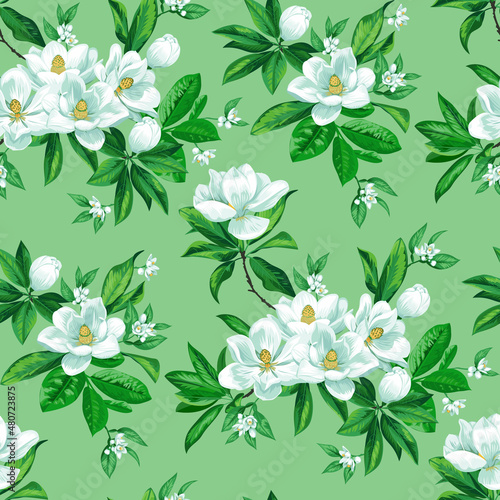 Tropical seamless print with blooming magnolia