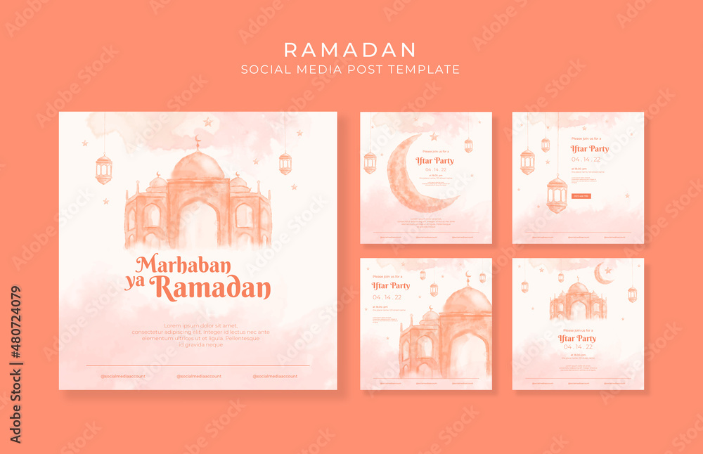 Beautiful watercolor ramadan social media post template