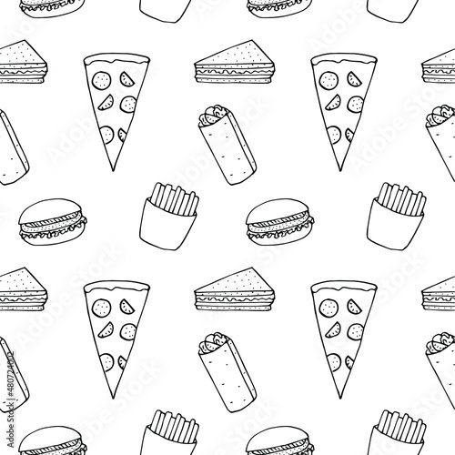 Fast food seamless pattern vector illustration, hand drawing