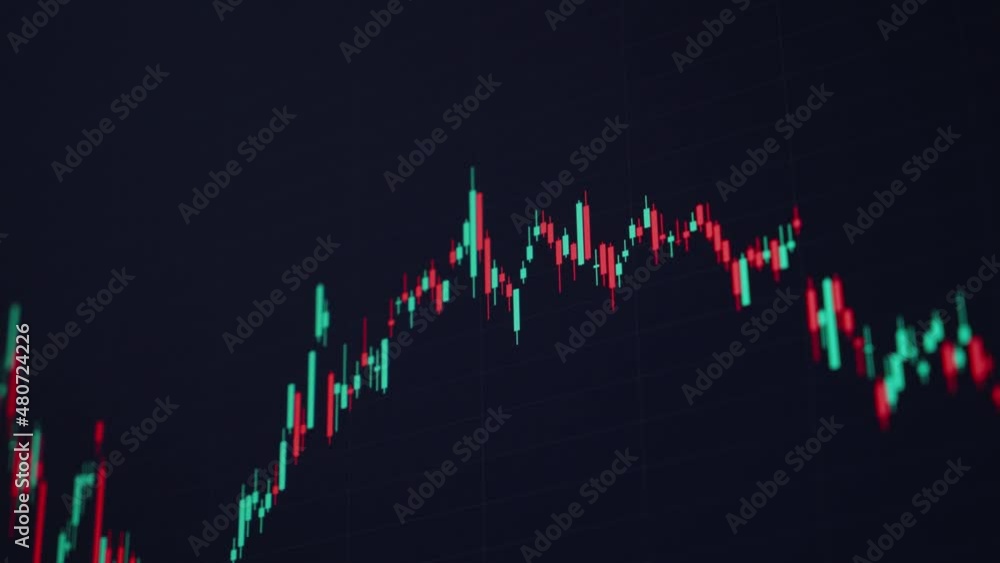 Stock market online chart with green and red Japanese candlesticks growing and falling on black background, electronic trading platform showing investment trends, crypto currency growth diagram Stock market online chart with green and red Japanese candlesticks growing and falling on black background, electronic trading platform showing investment trends, crypto currency growth diagram