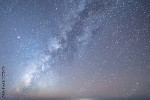 Milky Way on a moonless night and various constellations and stars across the sky after sunset in winter