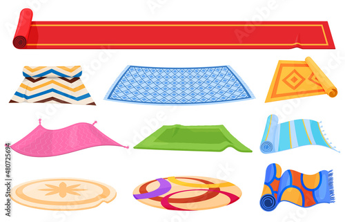 Floor mats and rugs collection vector flat illustration. Carpet covering different shapes and color