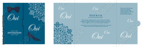 Dépliant pour le mariage d’un homme et d’une femme représenté par un nœud papillon et une chaussure - fond bleu décoré de « oui » et de rosaces - texte français.