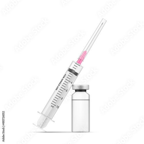 Syringe with vaccine bottle realistic vector illustration. Coronavirus treatment, botox, fillers