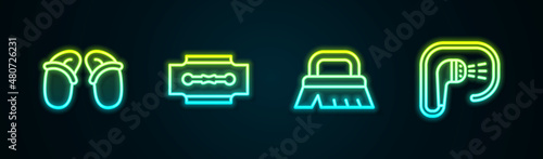 Set line Flip flops, Blade razor, Brush for cleaning and Shower. Glowing neon icon. Vector