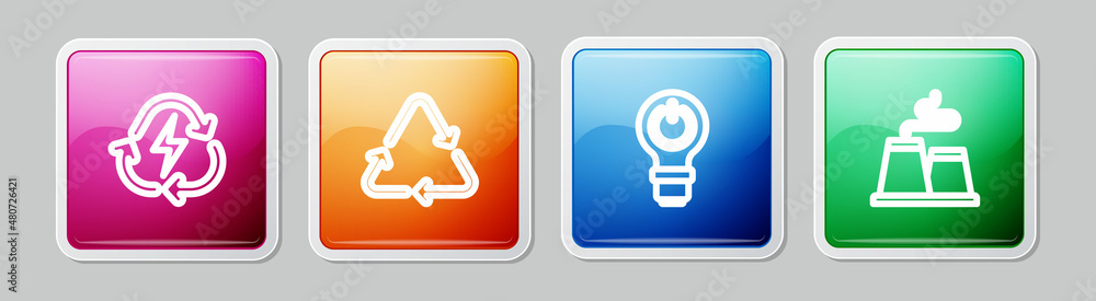 Set line Battery with recycle, Recycle symbol, Light bulb lightning and Factory. Colorful square button. Vector Set line Battery with recycle, Recycle symbol, Light bulb lightning and Factory. Colorful square button. Vector