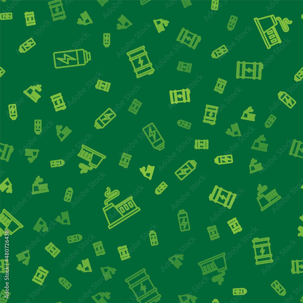 Set line Battery, Factory and Bio fuel barrel on seamless pattern. Vector Set line Battery, Factory and Bio fuel barrel on seamless pattern. Vector