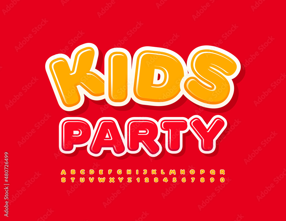 Vector event flyer Kids Party. Sunny Yellow Font. Set of funny Alphabet Letters and Numbers Vector event flyer Kids Party. Sunny Yellow Font. Set of funny Alphabet Letters and Numbers