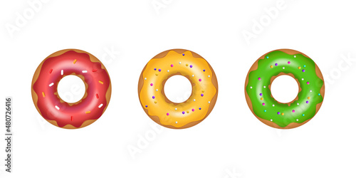 Set of cartoon colorful donuts. Bright delicious sweet doughnut with sugar caramel colored glaze and decorated with colorful decorative elements. Sinker for menu design, cafe decoration, delivery.