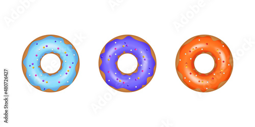 Set of cartoon colorful donuts. Bright delicious sweet doughnut with sugar caramel colored glaze and decorated with colorful decorative elements. Sinker for menu design, cafe decoration, delivery.