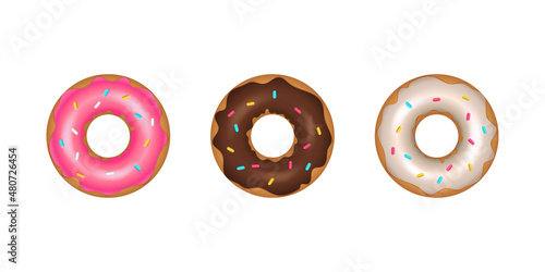 Set of cartoon colorful donuts. Bright delicious sweet doughnut with sugar caramel colored glaze and decorated with colorful decorative elements. Sinker for menu design, cafe decoration, delivery.