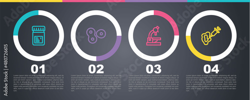 Set line Jar with additives, Cell division, Microscope and Syringe. Business infographic template. Vector