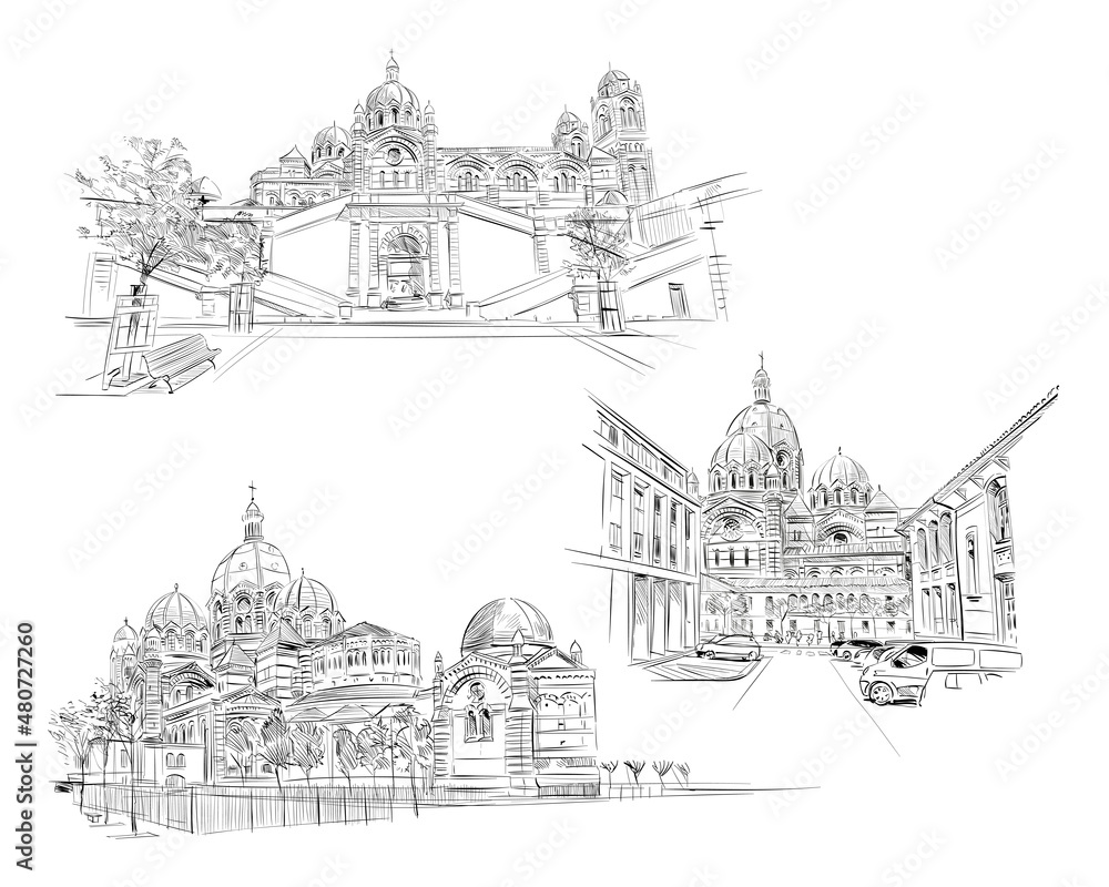 France. Marseille. Cathedral of Marseille. Hand drawn sketch. Vector illustration.