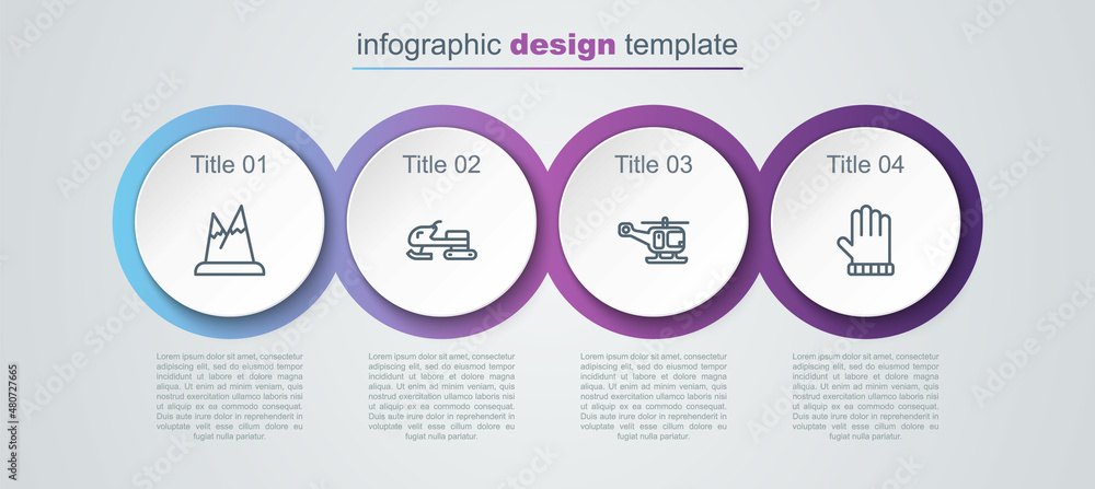 Set line Mountains, Snowmobile, Rescue helicopter and Christmas mitten. Business infographic template. Vector