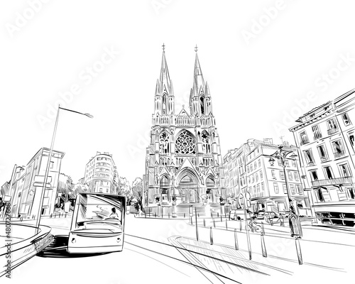 France. Marseille. Église Saint-Vincent-de-Paul. Hand drawn sketch. Vector illustration.